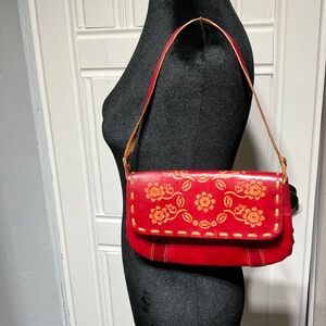 Red Tooled Leather Floral Shoulder Bag